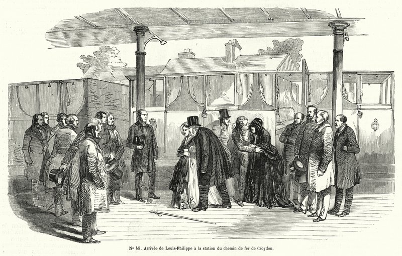 Ranskan kuningas Louis-Philippe saapuu Croydonin rautatieasemalle pakotettuaan maanpakoon, helmikuu 1848 (kaiverrus) tekijältä French School