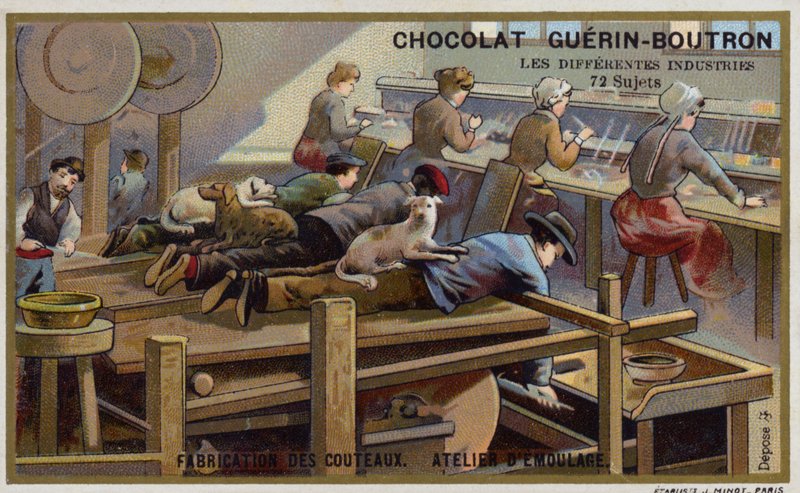 Veitsen valmistus. Teroituspaja (chromolitho) tekijältä French School