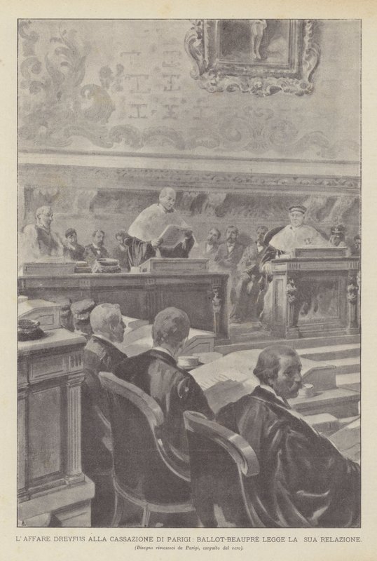 Dreyfusin tapaus Pariisin kassaatiossa Ballot-Beaupre lukee raporttinsa (litho) tekijältä French School