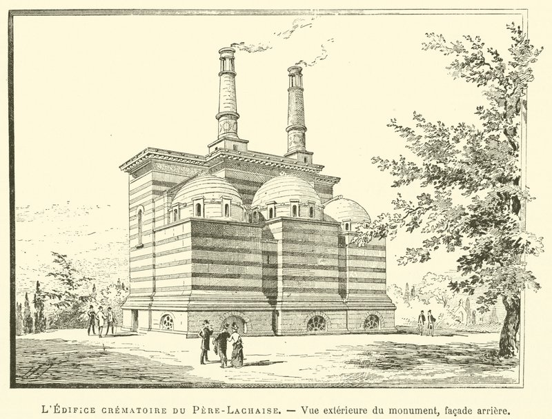 Pere-Lachaisen krematoriorakennus, muistomerkin ulkonäkymä, takajulkisivu (kaiverrus) tekijältä French School