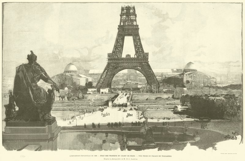 Universaali näyttely 1889, Champ de Marsin töiden tila, näkymä Trocaderon palatsista, M H-C Godefroyn valokuvan mukaan (kaiverrus) tekijältä French School