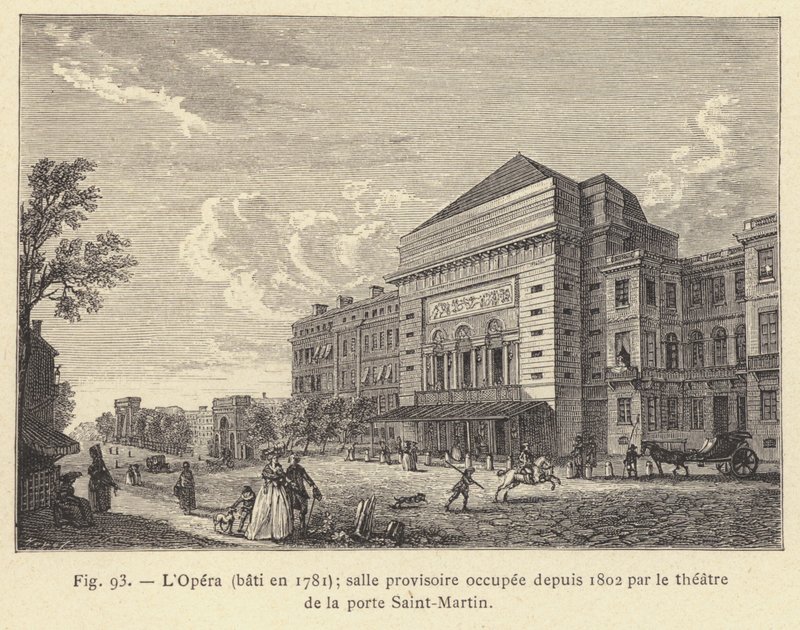 Ooppera, rakennettu vuonna 1781, väliaikainen sali, joka on ollut Porte Saint-Martinin teatterin käytössä vuodesta 1802 (kaiverrus) tekijältä French School