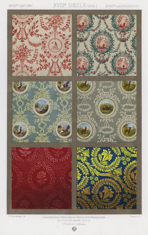 Kankaiden ornamentti: XVIII vuosisata, XVIIIe Siecle (loppu), XVIIItes Jahrhundert (väri litho) tekijältä French School