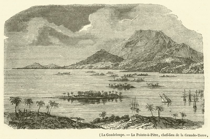 Guadeloupe, La Pointe-a-Pitre, Grande-Terren pääkaupunki, osittain tuhoutunut maanjäristyksessä 8. helmikuuta 1843 (kaiverrus) tekijältä French School