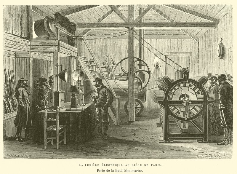 Sähkövalo Pariisin päämajassa, Poste de la Butte Montmartre (kaiverrus) tekijältä French School
