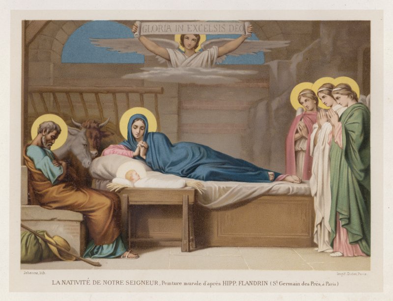 Herramme syntymä, seinämaalaus Hipp Flandrinin mukaan, St Germain des Pres, Pariisi (chromolitho) tekijältä French School