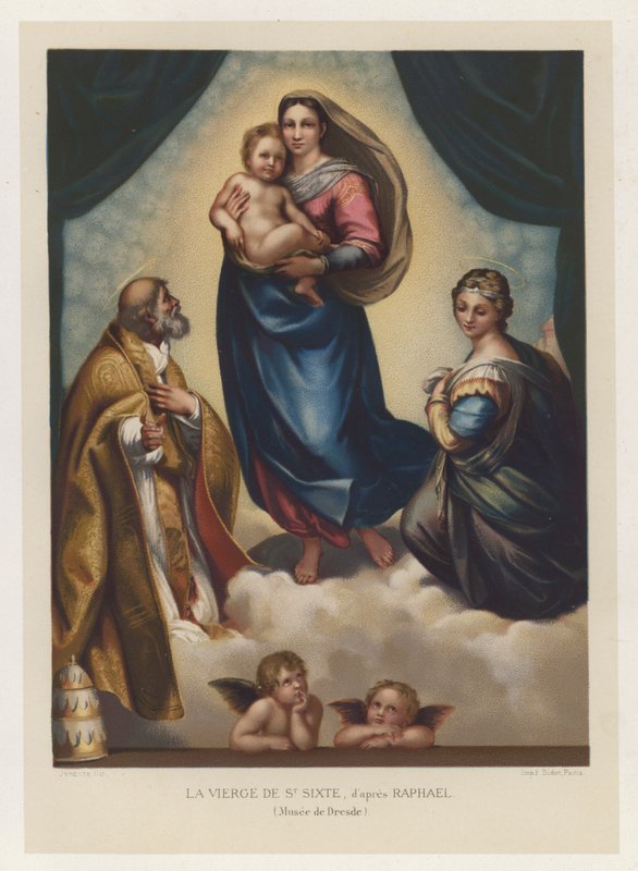 Pyhän Sixtuksen neitsyt Rafaelin mukaan, Dresdenin museo (chromolitho) tekijältä French School
