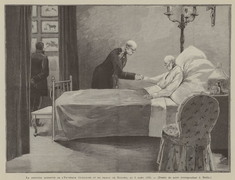 Keisari Vilhelmin ja prinssi Bismarkin viimeinen tapaaminen 8. maaliskuuta 1888 (kaiverrus). tekijältä French School