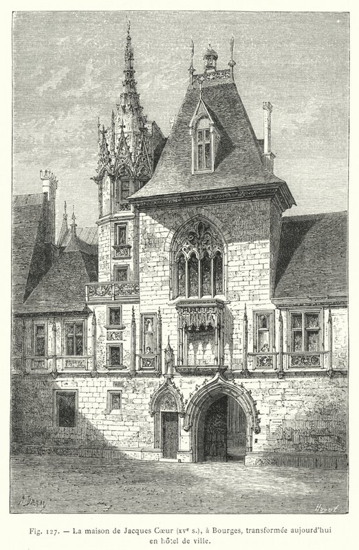 Jacques Coeurin talo, 1400-luku, Bourgesissa, nykyään muutettu kaupungintaloksi (kaiverrus) tekijältä French School