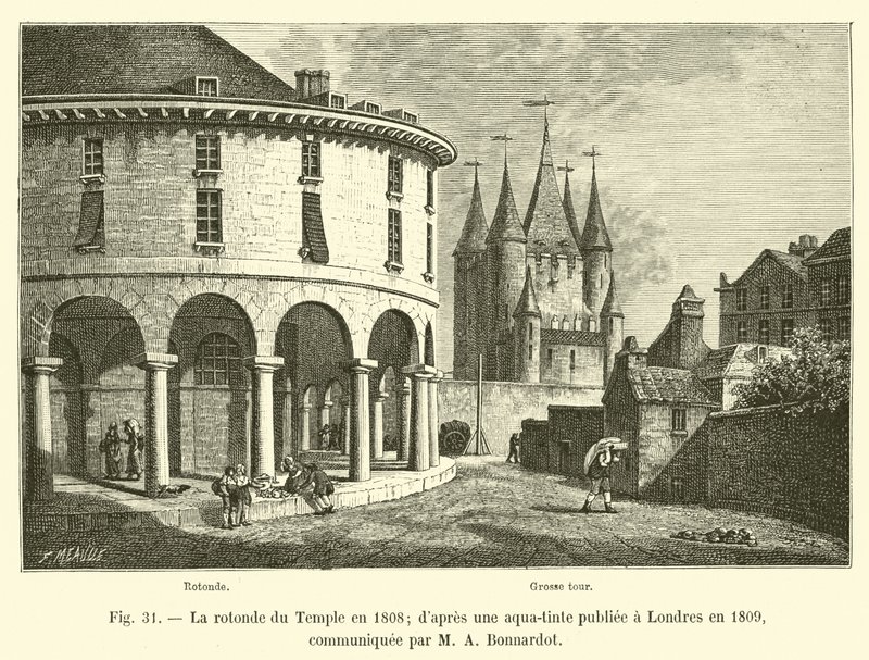 Temppelin Rotunda vuonna 1808; Lontoossa vuonna 1809 julkaistusta akvatintasta, jonka toimitti M A Bonnardot tekijältä French School