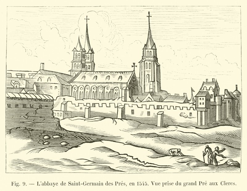 Saint-Germain des Presin luostari, vuonna 1545, näkymä Grand Pre aux Clercsistä tekijältä French School