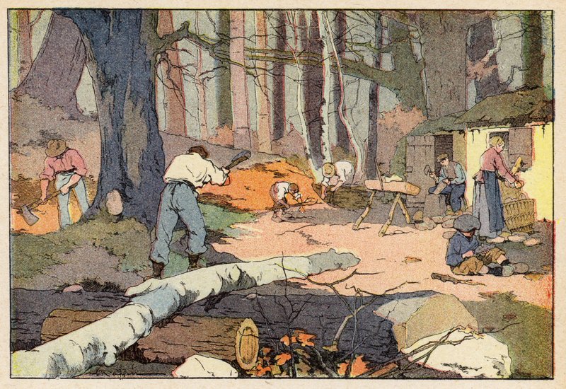 Le Bucheron, Le Sabotier, The Woodcutter, The Clog Maker (värilitho) tekijältä French School