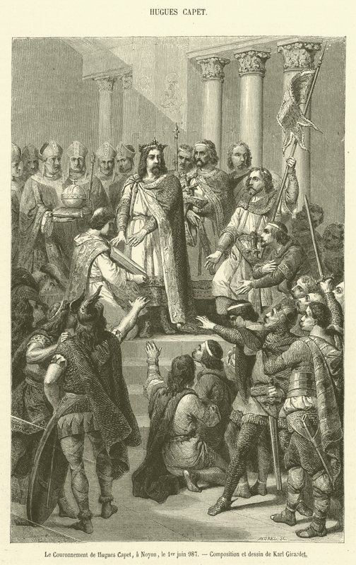 The Coronation of Hugues Capet, Noyon, 1. kesäkuuta 987 (kaiverrus) tekijältä French School