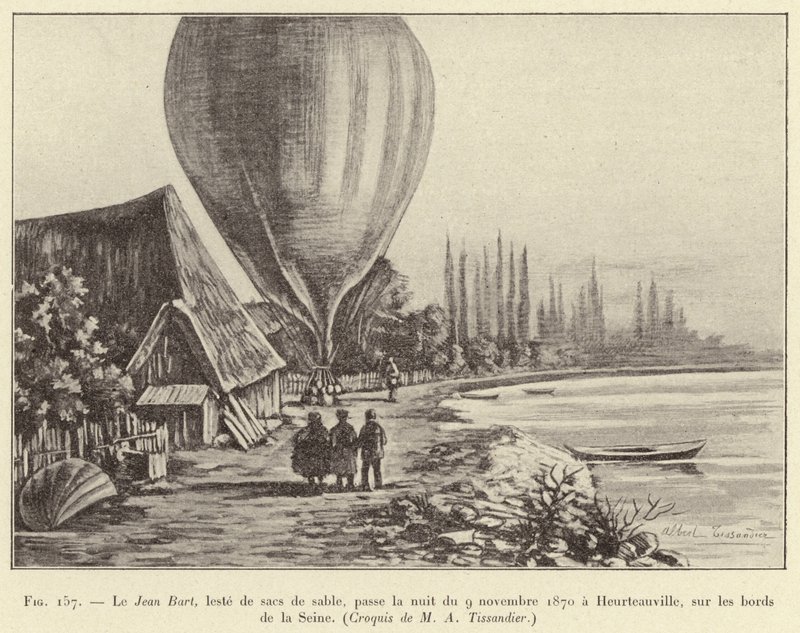 Jean Bart, hiekkasäkkien painama, vietti yön 9. marraskuuta 1870 Heurteauvillessa Seinen rannalla. tekijältä French School