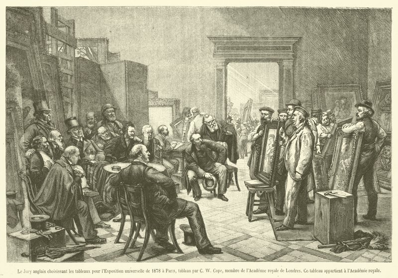 Englantilainen tuomaristo valitsi maalauksia vuoden 1878 yleisnäyttelyyn Pariisissa (kaiverrus) tekijältä French School