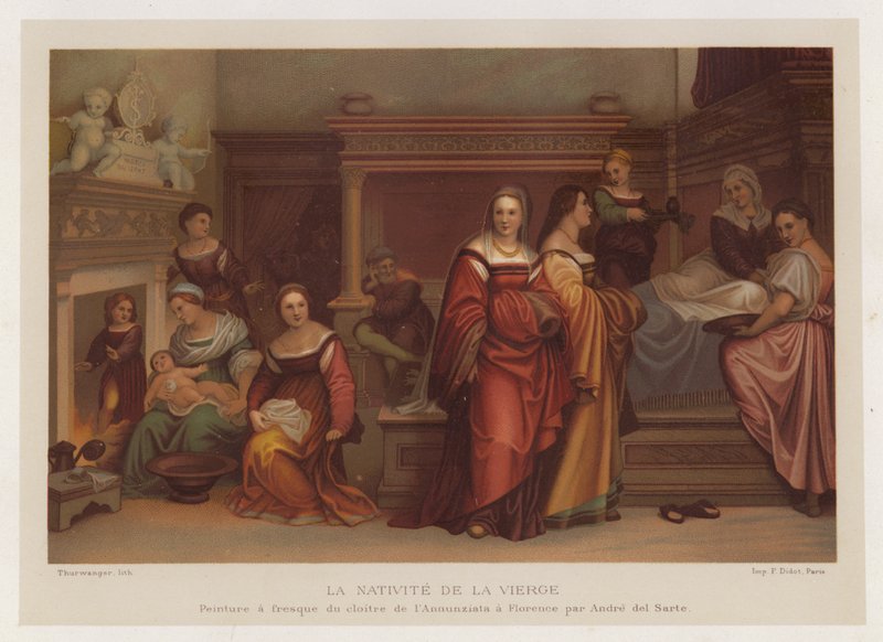 Neitsyen syntymä, Andre del Sarten (chromolitho) freskomaalaus Annunziatan luostarista Firenzestä tekijältä French School