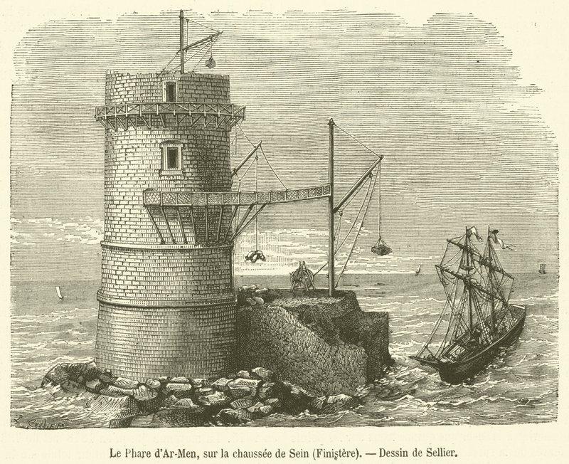 Ar-Menin majakka Chaussée de Seinillä, Finistere (kaiverrus) tekijältä French School