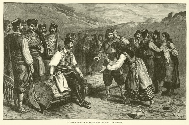 Montenegron prinssi Nicolas jakaa oikeutta (kaiverrus) tekijältä French School