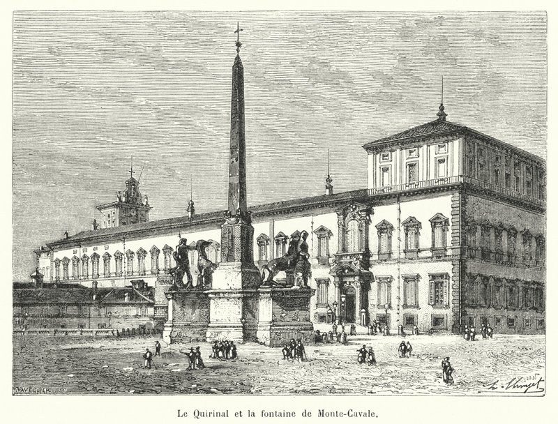 Quirinal ja Monte-Cavalen suihkulähde (kaiverrus) tekijältä French School