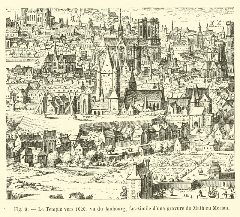 Temppeli noin 1620, katsottuna faubourgista, faksimile Mathieu Merianin kaiverruksesta tekijältä French School