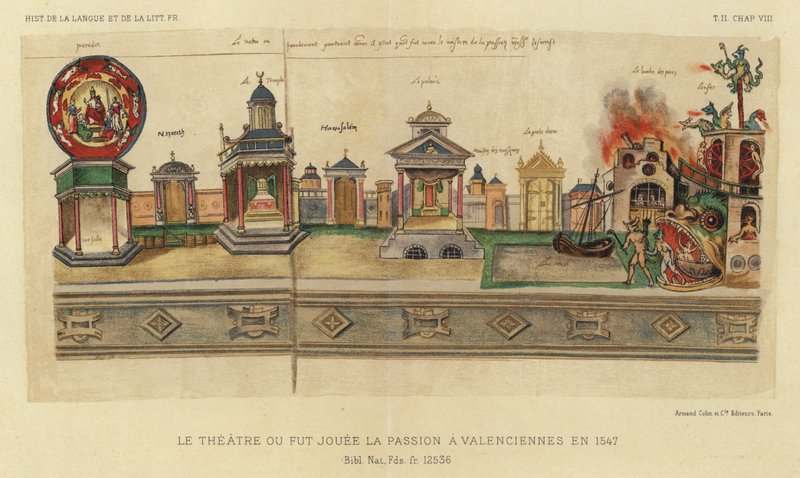 Theatre Ou Fut Jouee La Passion Valenciennesissa vuonna 1547 (väri litho) tekijältä French School