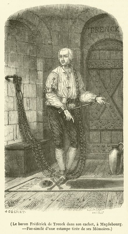Paroni Frédéric de Trenck vankityrmässään Magdeburgissa (kaiverrus) tekijältä French School