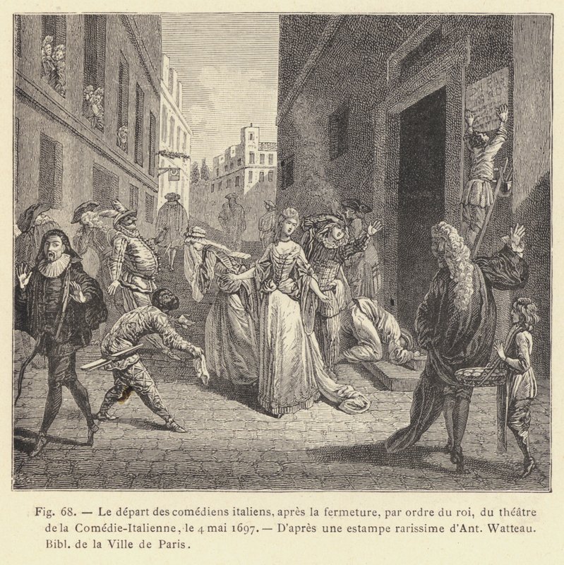 Italialaisten näyttelijöiden poistuminen Comedie-Italiennen teatterin päättämisen jälkeen kuninkaan käskystä 4. toukokuuta 1697 (kaiverrus) tekijältä French School