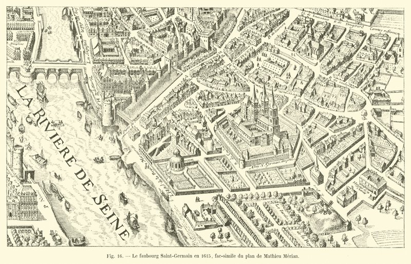 Faubourg Saint-Germain vuonna 1615, faksimile Mathieu Merianin suunnitelmasta tekijältä French School