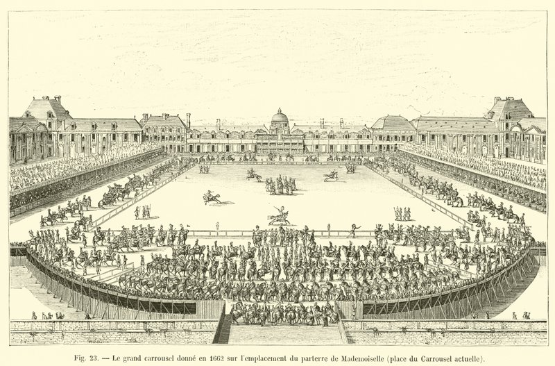 Vuonna 1662 suurelta karusellilta on näkymät Mademoisellen parterrelle, nykyiselle Place du Carrouselille. tekijältä French School