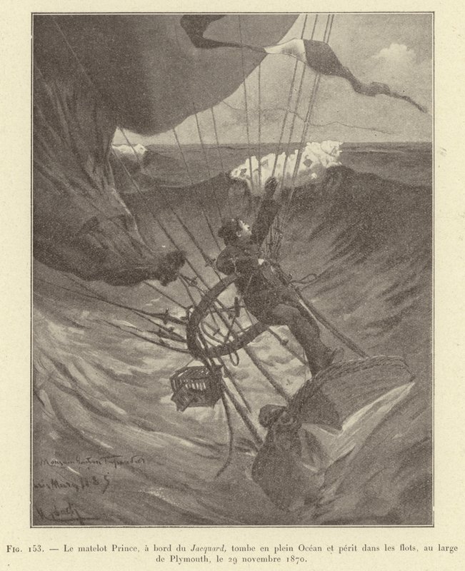 Merimies Prince, Jacquard-laivalla, putoaa keskelle merta ja menehtyy aaltoihin Plymouthin edustalla, 29. marraskuuta 1870 (kaiverrus) tekijältä French School