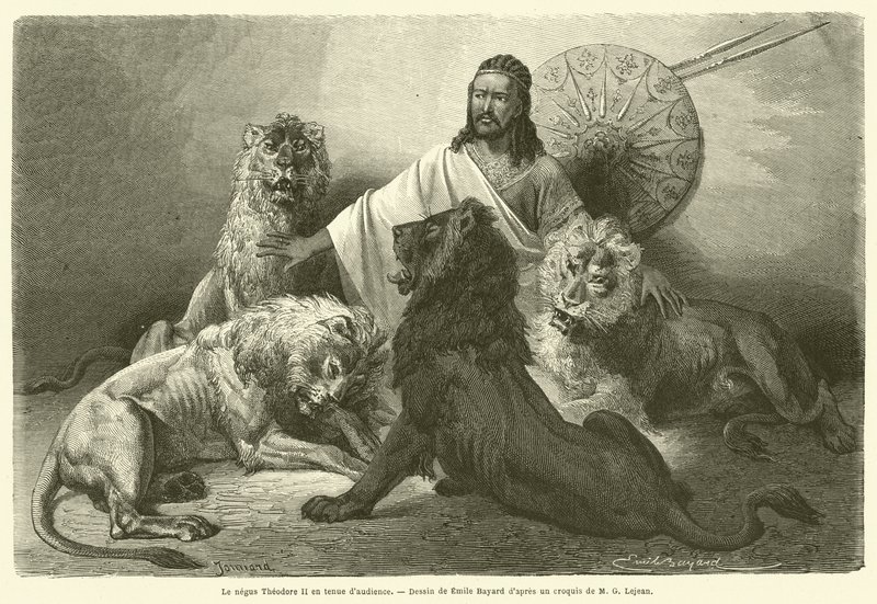 Negus Theodore II hoviasussa (kaiverrus) tekijältä French School