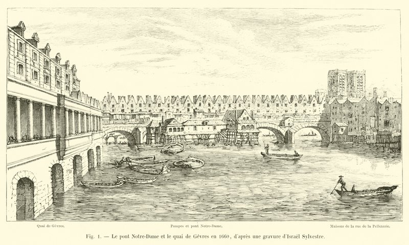 Notre-Damen silta ja Quai de Gesvres vuonna 1660 Israel Sylvestren kaiverruksen jälkeen tekijältä French School