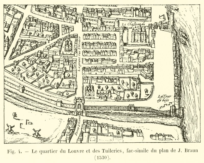 Louvren ja Tuileriesin kaupunginosa, faksimile J Braunin suunnitelmasta, 1530 tekijältä French School