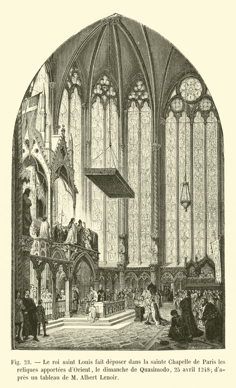 Kuningas Saint Louis talletti idästä tuodut pyhäinjäännökset Sainte Chapelleen Pariisiin Quasimodon sunnuntaina 25. huhtikuuta 1248 M Albert Lenoirin maalauksen jälkeen. tekijältä French School