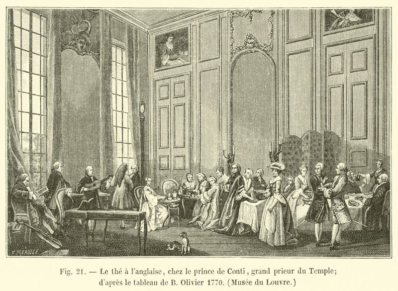 Englantilaista teetä temppelin suurpriorin prinssi de Contin kanssa; B Olivierin maalauksen jälkeen 1770, Louvre-museo tekijältä French School