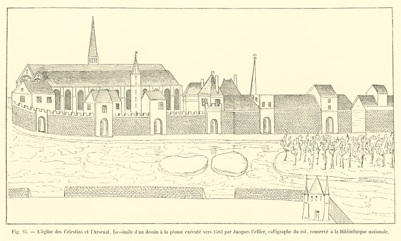 Selestiinien kirkko ja arsenaali, faksimile kynäpiirroksesta, jonka Jacques Cellier, kuninkaan kalligrafi, laati noin 1583, säilytetään kansalliskirjastossa tekijältä French School