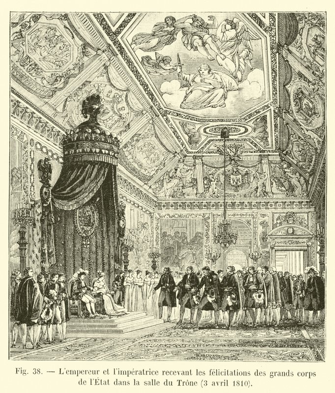 Keisari ja keisarinna vastaanottavat onnittelut osavaltion suurjoukolta valtaistuinsalissa, 3. huhtikuuta 1810 tekijältä French School