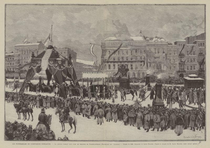 Keisari Vilhelmin hautajaiset, Saattue kulkee riemukaaren alta Friedrichstrassella, Promenade des Tilleuls (kaiverrus) (kaiverrus) tekijältä French School