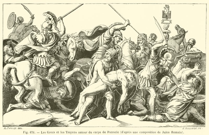 Kreikkalaiset ja troijalaiset Patrocluksen ruumiin ympärillä (kaiverrus) tekijältä French School