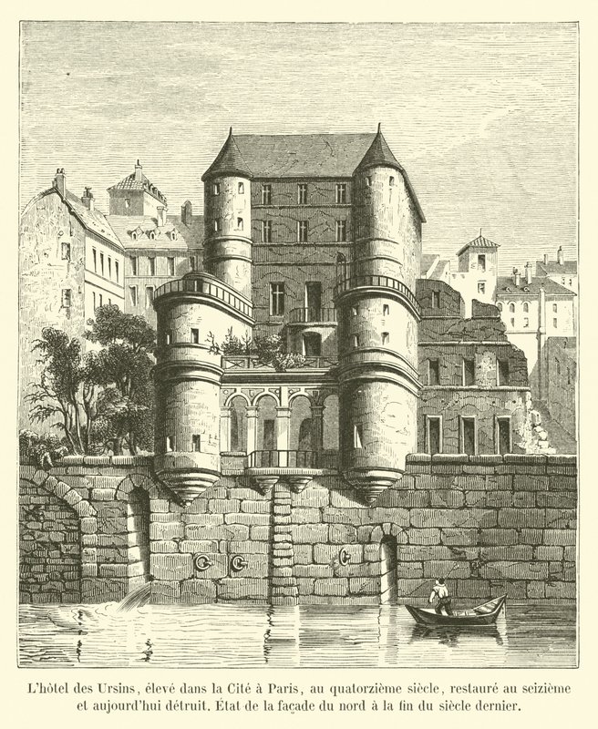 Hôtel des Ursins, rakennettu Citéssä Pariisissa 1300-luvulla, kunnostettu 1600-luvulla ja nyt tuhoutunut, pohjoisen julkisivun tila viime vuosisadan lopussa tekijältä French School