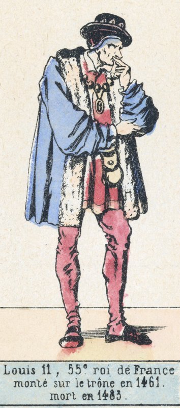 Ludvig 11, Ranskan 55. kuningas, nousi valtaistuimelle vuonna 1461, kuoli vuonna 1483 (värillinen kaiverrus) tekijältä French School