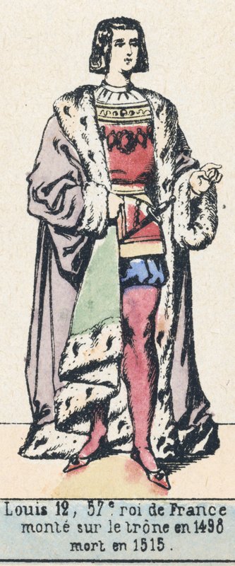 Ludvig 12, Ranskan 57. kuningas, nousi valtaistuimelle vuonna 1498, kuoli vuonna 1515 (värillinen kaiverrus) tekijältä French School