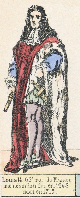 Ludvig 14, Ranskan 65. kuningas, nousi valtaistuimelle vuonna 1643, kuoli vuonna 1715 (värillinen kaiverrus) tekijältä French School
