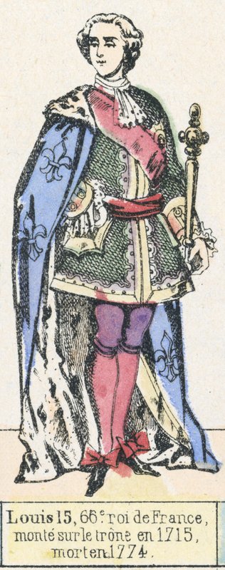 Ludvig 15, 66. Ranskan kuningas, nousi valtaistuimelle vuonna 1715, kuoli vuonna 1774 (värillinen kaiverrus) tekijältä French School