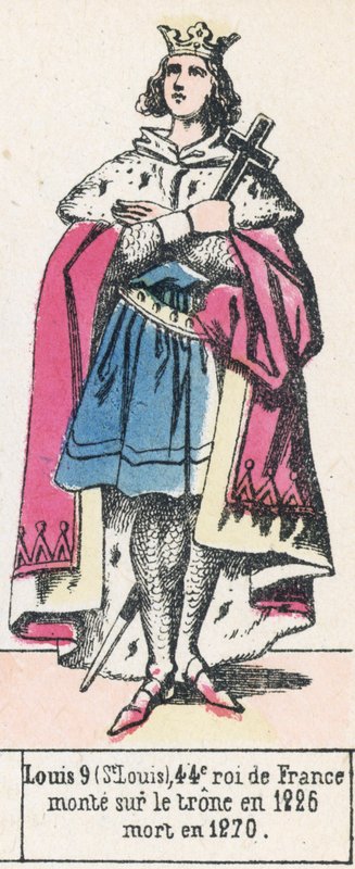 Louis 9 (St Louis), 44. Ranskan kuningas, nousi valtaistuimelle vuonna 1226, kuoli vuonna 1270 (värillinen kaiverrus) tekijältä French School