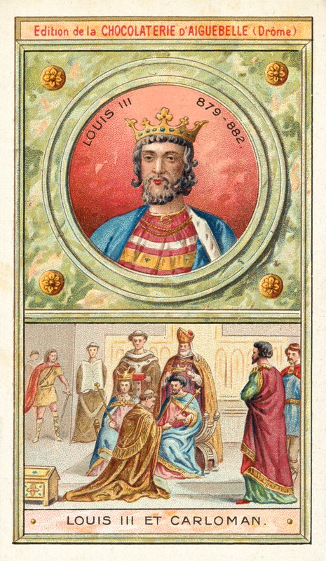 Ludvig III ja hänen nuorempi veljensä Carloman II, Ranskan yhteiskuninkaat 9. vuosisadalla (chromolitho) tekijältä French School