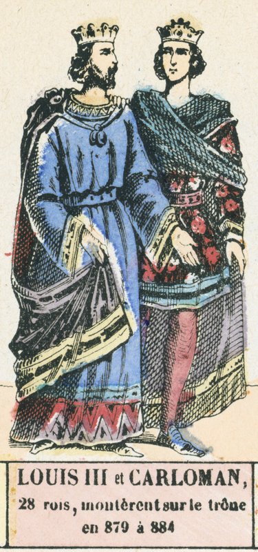 Ludvig III ja Carloman, 28 kuningasta, nousivat valtaistuimelle vuosina 879-884 (värillinen kaiverrus) tekijältä French School