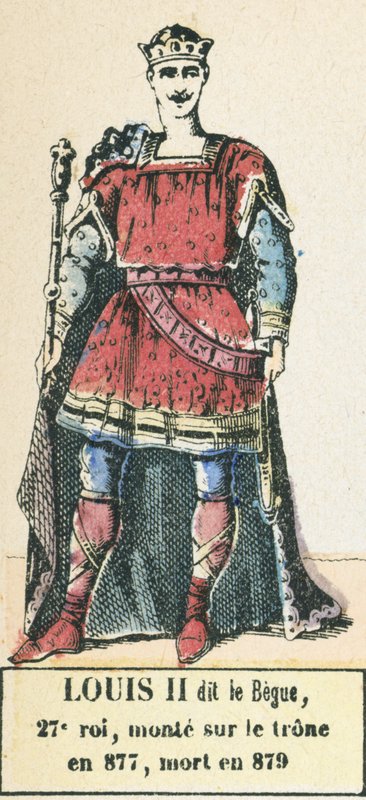 Louis II dit le Begue, 27. kuningas, nousi valtaistuimelle vuonna 877, kuoli vuonna 879 (värillinen kaiverrus) tekijältä French School