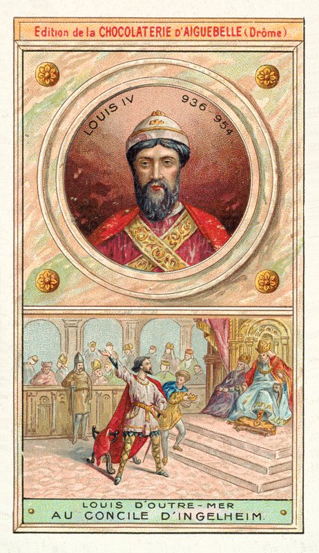 Ludvig IV Ranskan Ingelheimin kirkolliskokouksessa, 948 (chromolitho) tekijältä French School