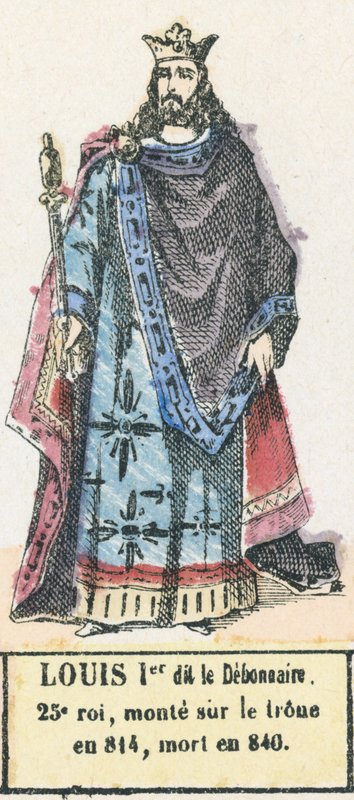 Louis Ier dit le Debonnaire, 25. kuningas, nousi valtaistuimelle vuonna 814, kuoli vuonna 840 (värinen kaiverrus) tekijältä French School
